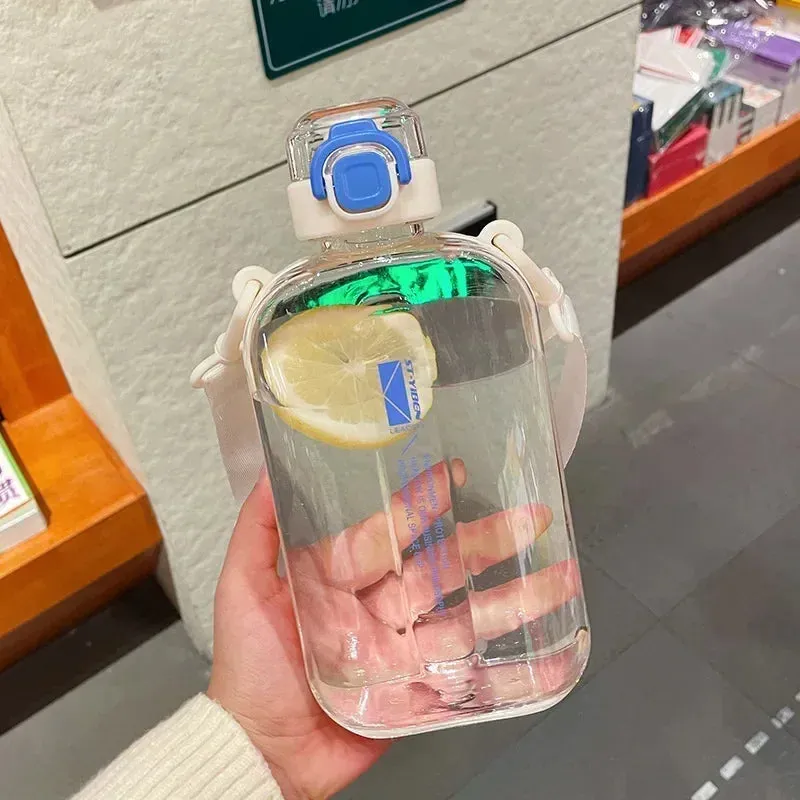 Premium Transparent Water Bottle – 750ML Portable Travel Canteen with Adjustable Strap – Elegant Slim Design for Sports, Camping & Outdoor Activities – Time & Volume Markers, Silicone Straw
