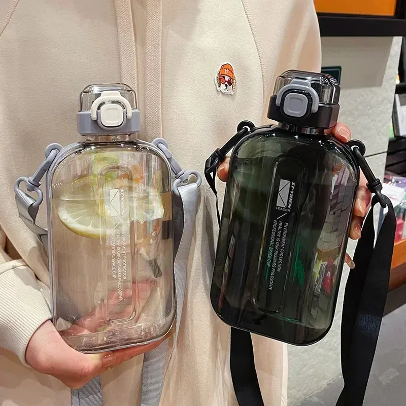 Premium Transparent Water Bottle – 750ML Portable Travel Canteen with Adjustable Strap – Elegant Slim Design for Sports, Camping & Outdoor Activities – Time & Volume Markers, Silicone Straw