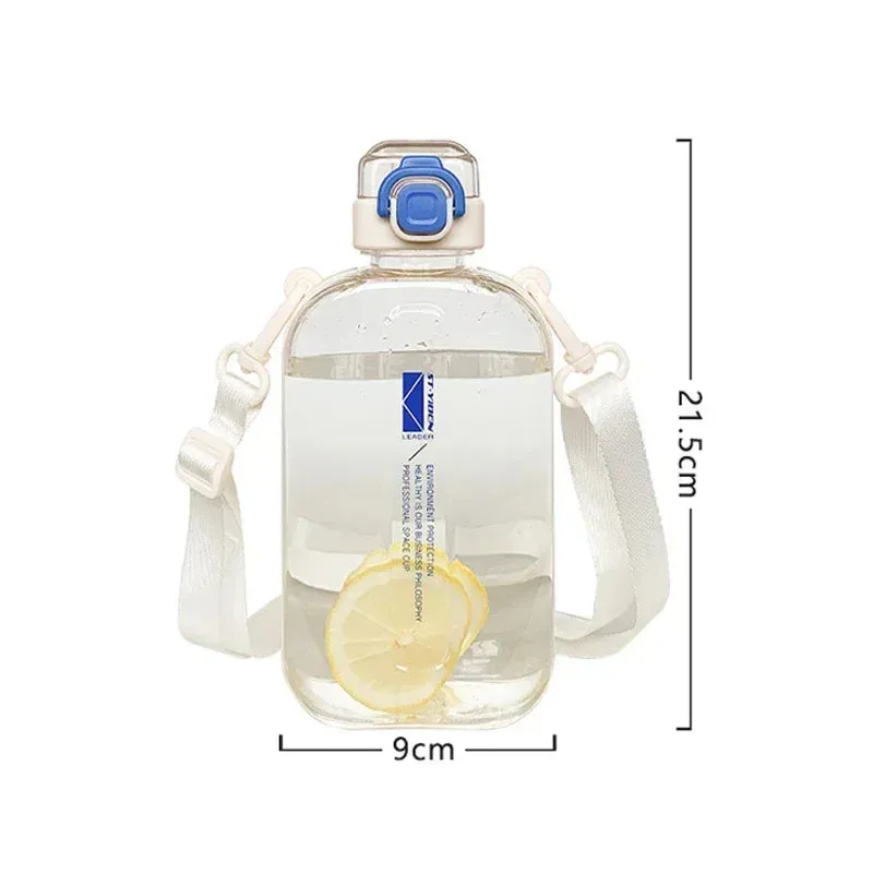 Premium Transparent Water Bottle – 750ML Portable Travel Canteen with Adjustable Strap – Elegant Slim Design for Sports, Camping & Outdoor Activities – Time & Volume Markers, Silicone Straw