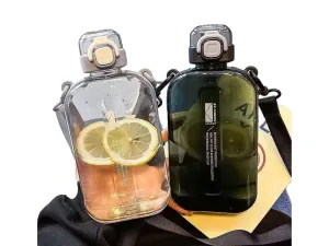 Premium Transparent Water Bottle – 750ML Portable Travel Canteen with Adjustable Strap – Elegant Slim Design for Sports, Camping & Outdoor Activities – Time & Volume Markers, Silicone Straw