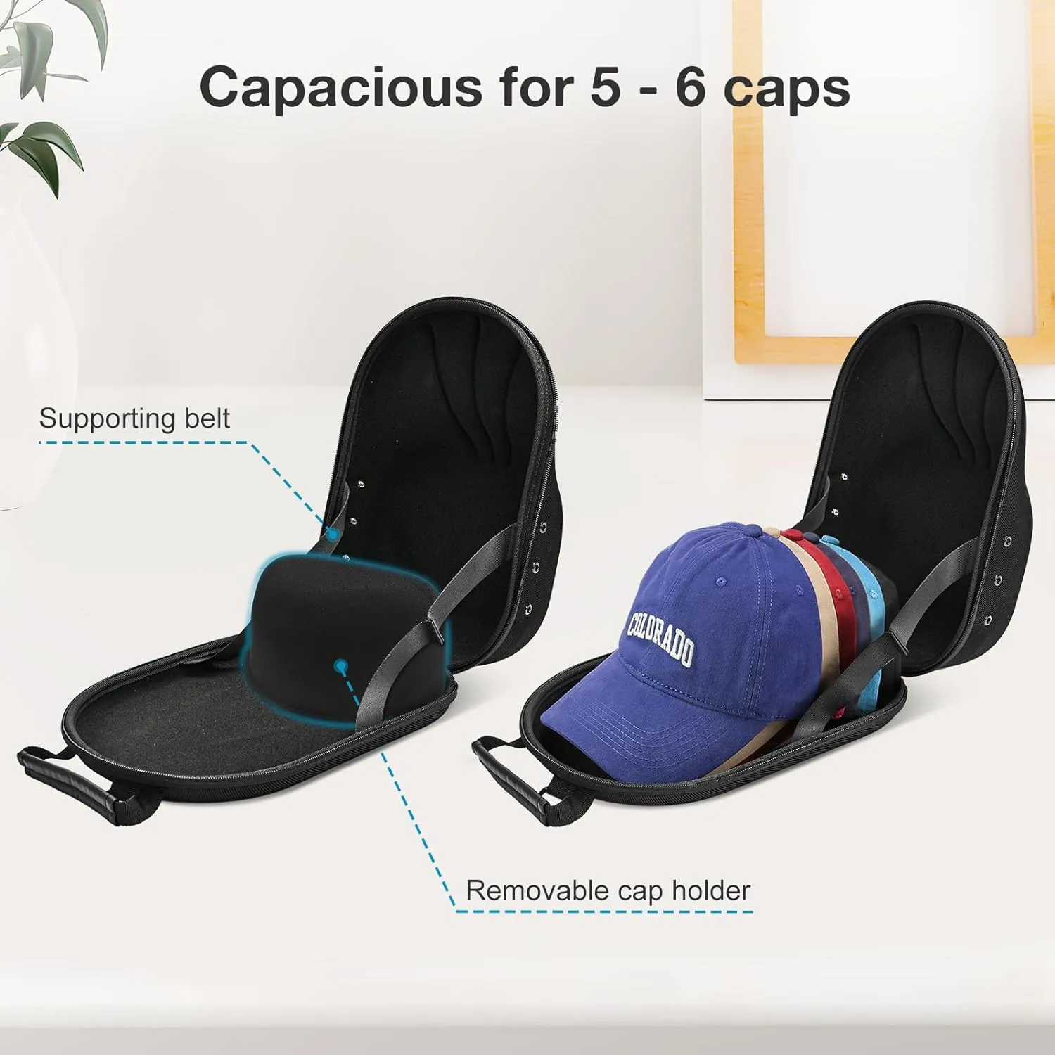 ProCase Hat Travel Hard Case, Hat Carrier Storage Bag for 5-6 Baseball Caps,Hat Organizer Ball Caps Holder with Adjustable Shoulder Strap -Black