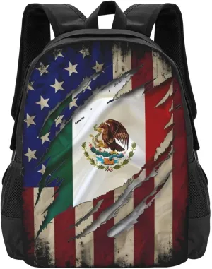 Proud Mexican American Flag Mexican Roots Casual Backpacks Large Capacity Backpack Laptop Rucksack Sport Daypack Commuter Bags with Adjustable Strap for Traveling Camping