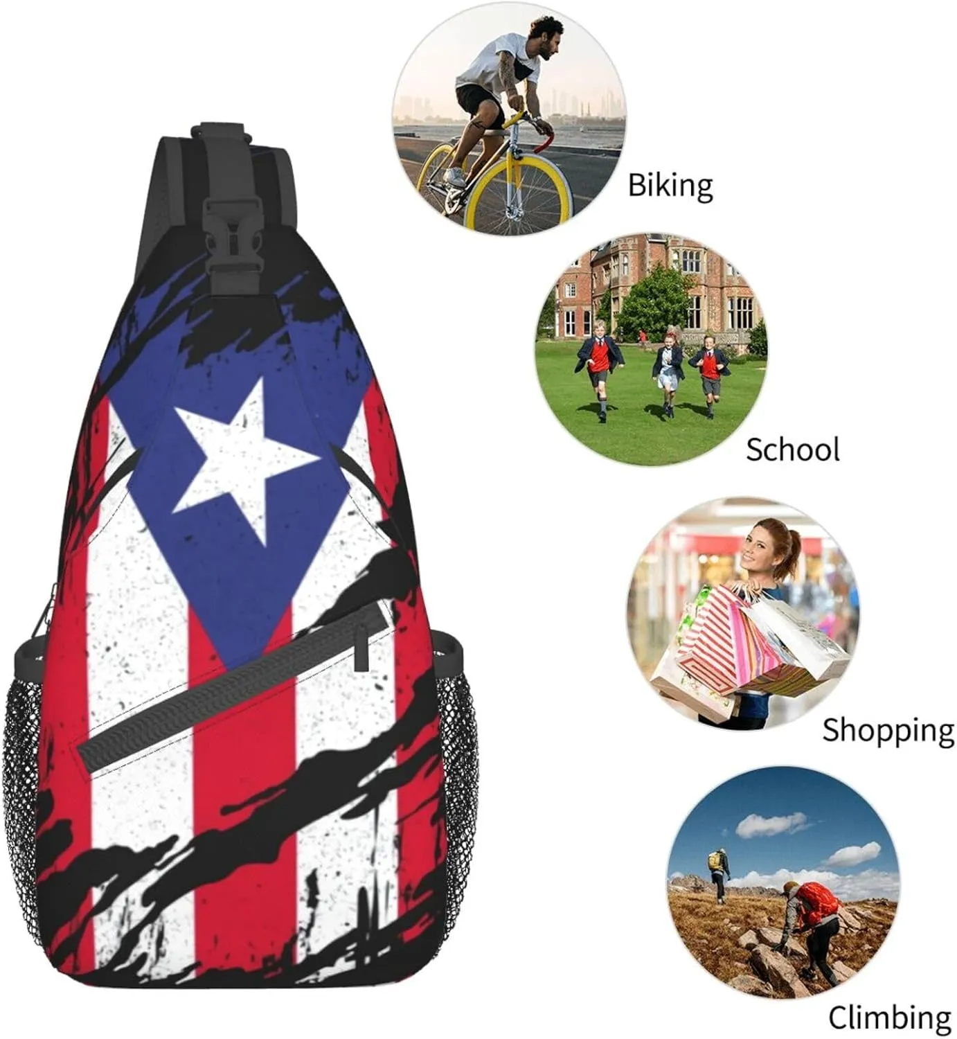 Puerto Rico Flag Sling Bag,Multipurpose Crossbody Backpack Shoulder Chest Bag for Women Men Travel Hiking Daypack