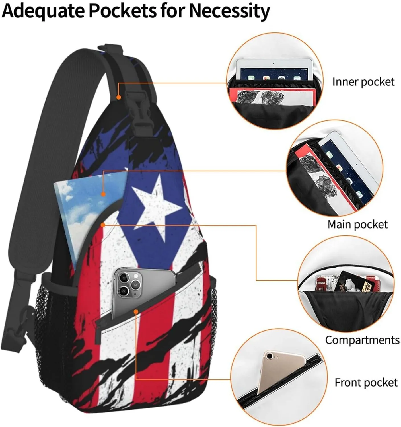 Puerto Rico Flag Sling Bag,Multipurpose Crossbody Backpack Shoulder Chest Bag for Women Men Travel Hiking Daypack