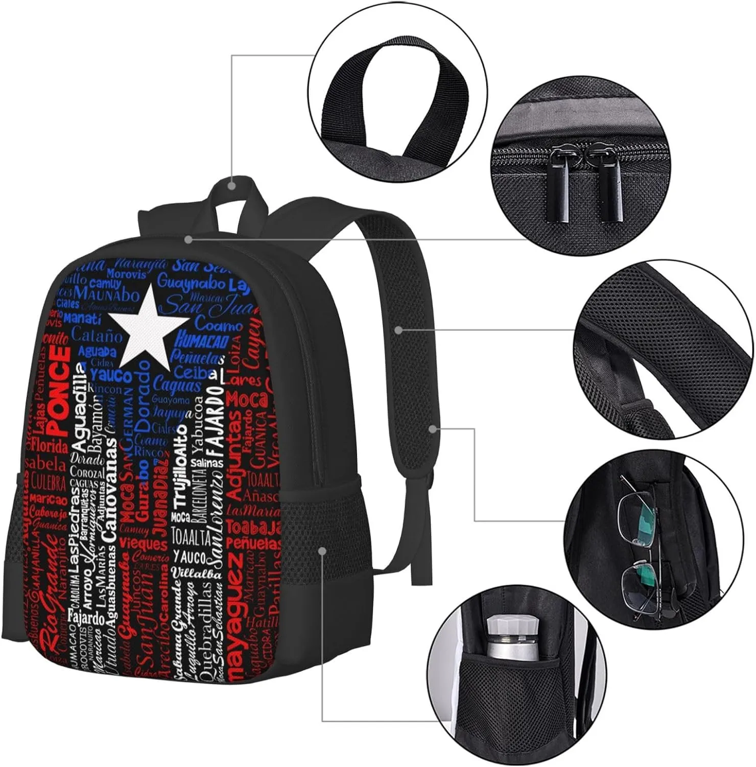 Puerto Rico Towns Flag Casual Backpacks Large Capacity Backpack Laptop Rucksack Sport Daypack Commuter Bags with Adjustable Strap for Traveling Camping