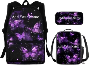 Purple Butterflies Kids Backpack for Teen Girls 3 In 1 Backpack Set with Lunch Bag and Pencil Case for Primary School Cute Backpacks for Teen Girls for Middle School Vintage Style