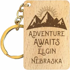 R and R Imports Elgin Nebraska Souvenir Rectangle Engraved Wooden Keychain Adventure Awaits