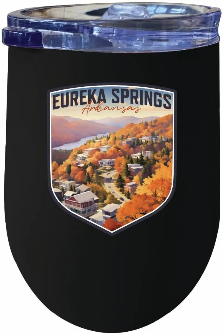 R and R Imports Eureka Springs Arkansas Little Switzerland of the Ozarks Design Souvenir 12 oz Insulated Wine Stainless Steel Tumbler Black 4-Pack