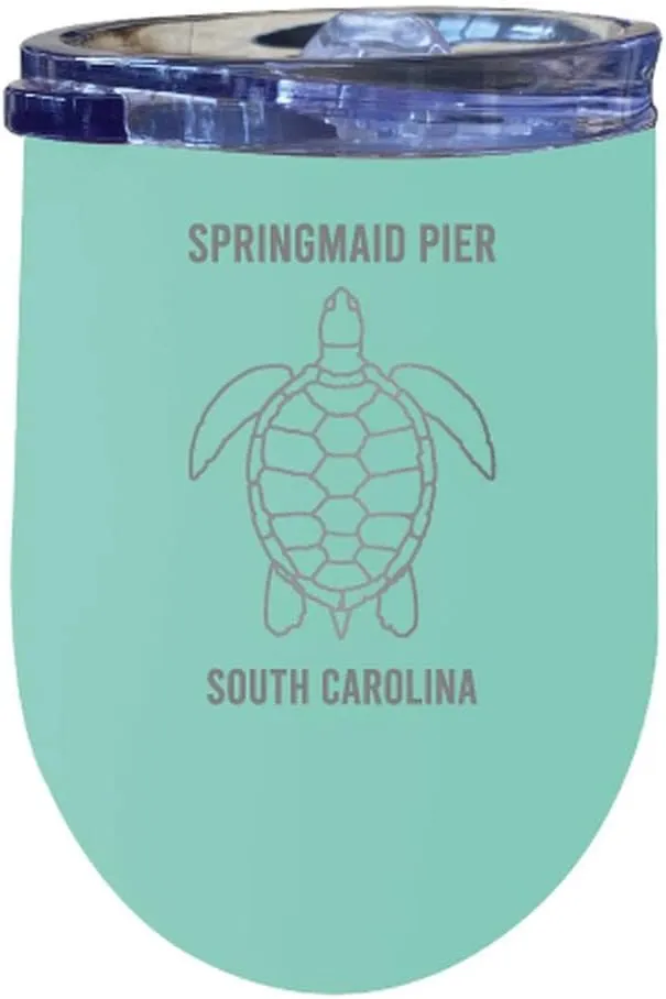 R and R Imports Springmaid Pier South Carolina Laser Etched Beach Souvenir 12 oz Insulated Wine Stainless Steel Tumbler Turtle Design Seafoam
