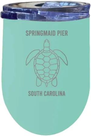 R and R Imports Springmaid Pier South Carolina Laser Etched Beach Souvenir 12 oz Insulated Wine Stainless Steel Tumbler Turtle Design Seafoam