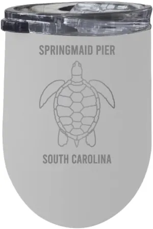 R and R Imports Springmaid Pier South Carolina Laser Etched Beach Souvenir 12 oz Insulated Wine Stainless Steel Tumbler Turtle Design White