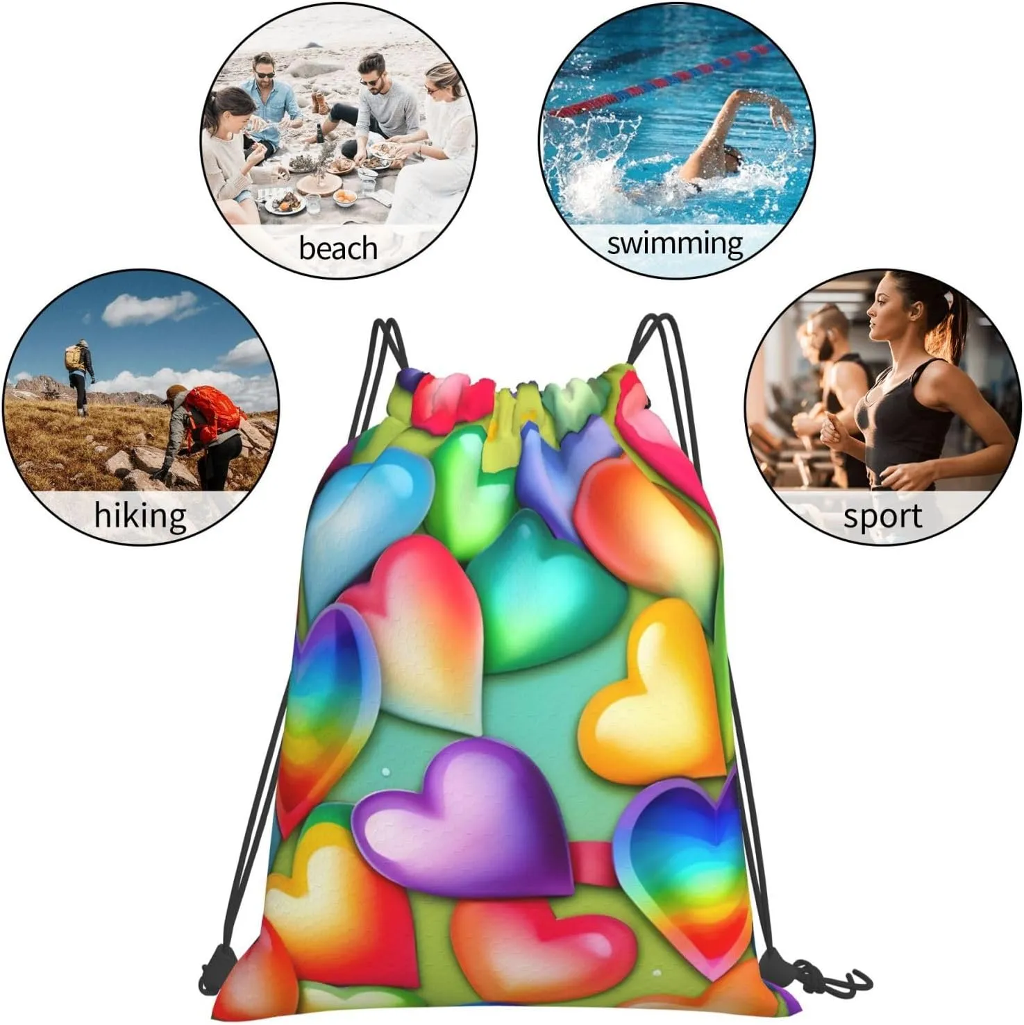 Rainbow Hearts Unisex Simple Leisure Drawstring Bag,Gym Drawstring Bags,Outdoor Portable Backpack Storage Bags