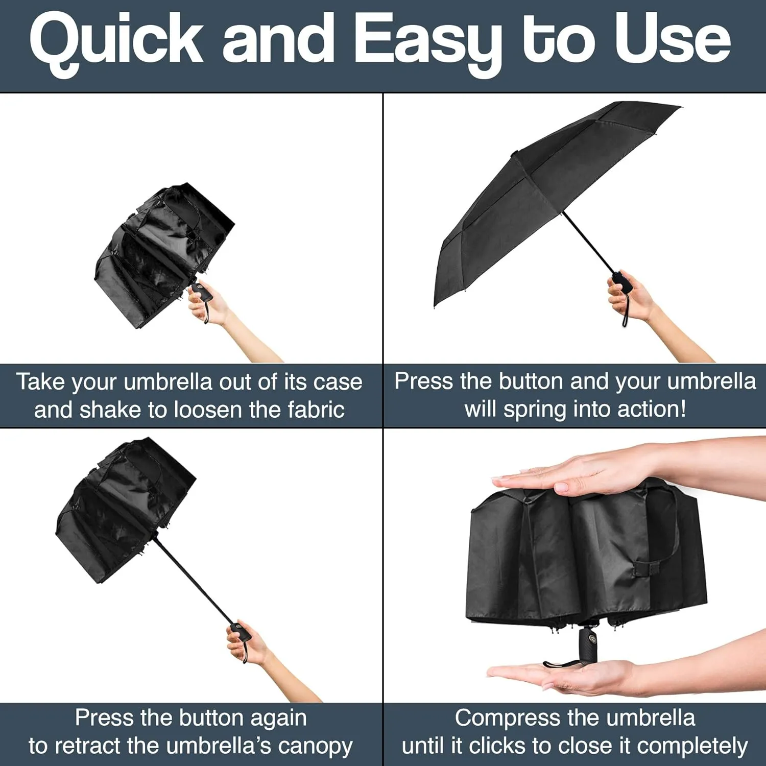 RainPlus Windproof Travel Umbrella - Compact, Automatic, Folding and Portable - Umbrellas For Rain for Men and Women - Car, Backpack, Purse, Strong & Wind Resistant