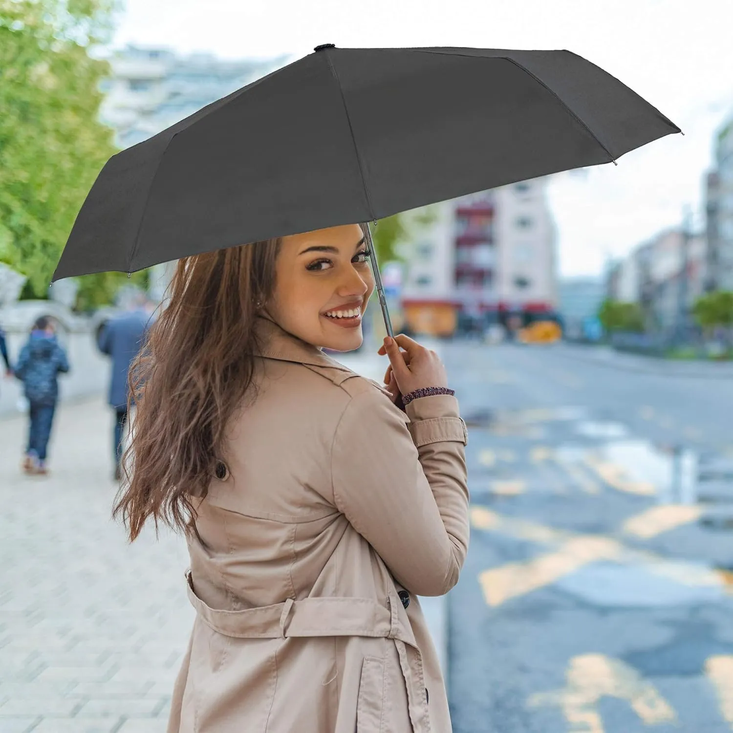 RainPlus Windproof Travel Umbrella - Compact, Automatic, Folding and Portable - Umbrellas For Rain for Men and Women - Car, Backpack, Purse, Strong & Wind Resistant