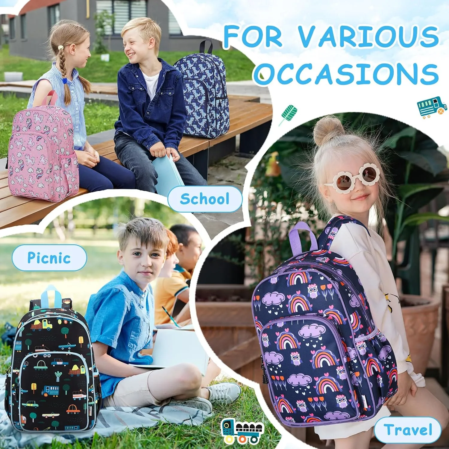 RAVUO Kids Backpack for Girls Boys, Cute Toddler School Bag Bookbag W Chest Strap