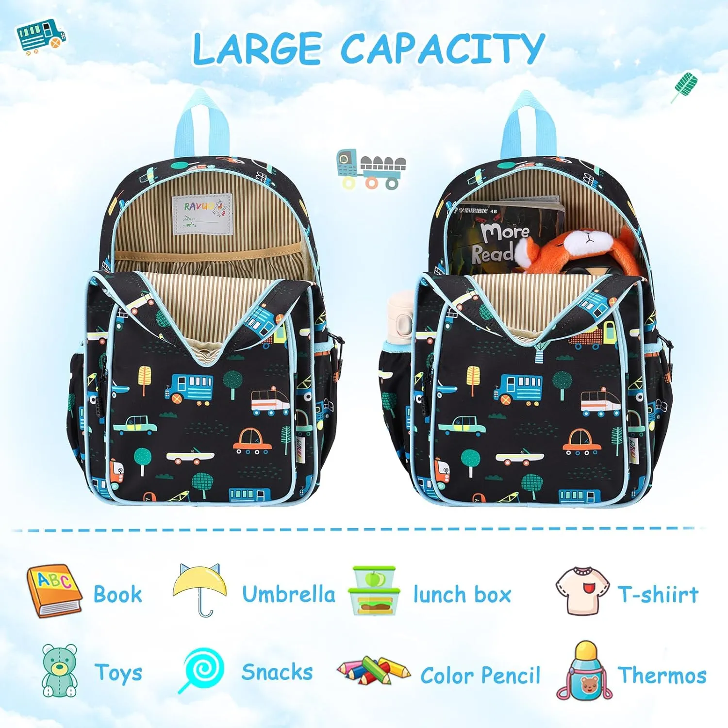 RAVUO Kids Backpack for Girls Boys, Cute Toddler School Bag Bookbag W Chest Strap