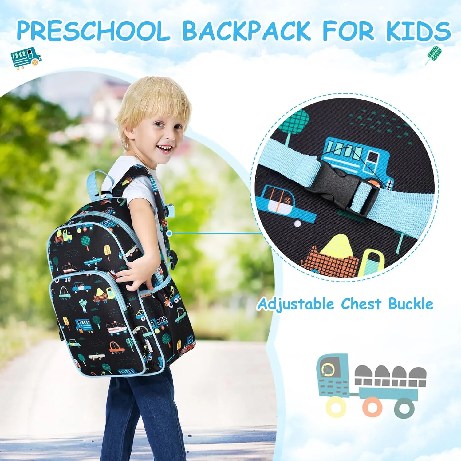 RAVUO Kids Backpack for Girls Boys, Cute Toddler School Bag Bookbag W Chest Strap