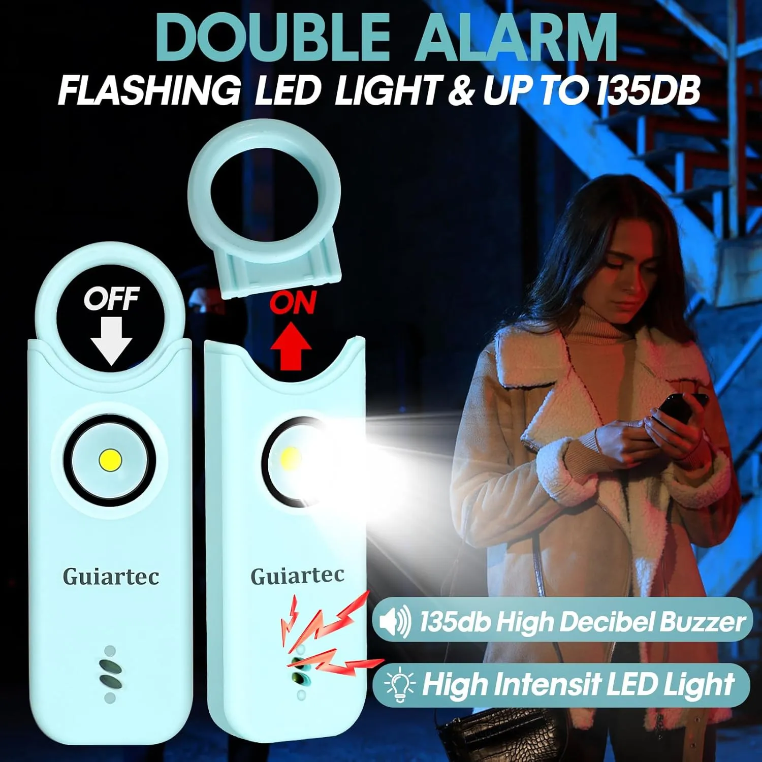 Rechargeable Personal Safety Alarm for Women, 135 dB Loud Self Defense Keychain Siren with LED Strobe Light, Personal Emergency Security Safe Devices Key Chain Alarms for Women Kids Elderly (Aqua)