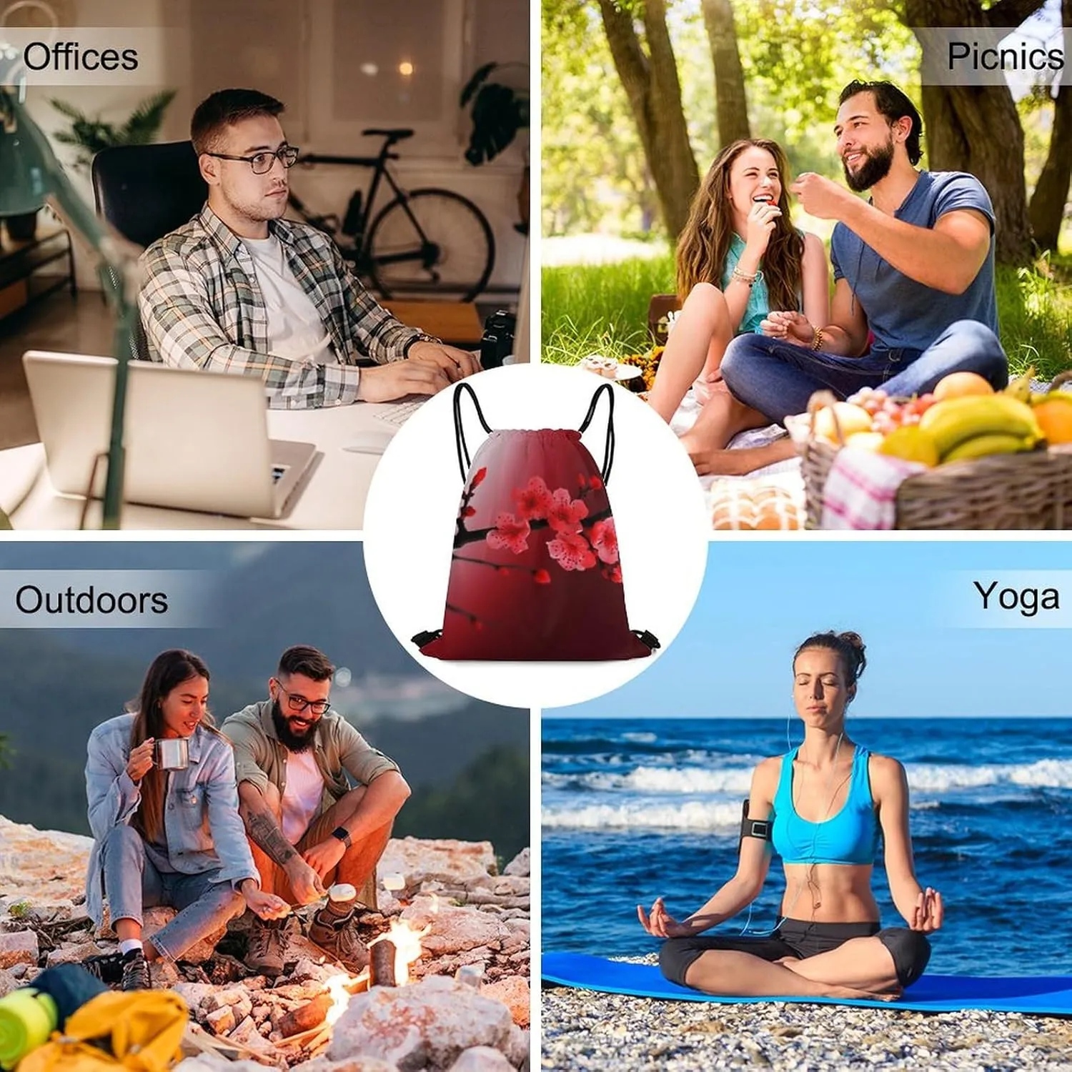 Red Cherry Blossom Drawstring Backpack Travel Sports Drawstring Bags Portable Storage Gym Bag for Men Women, 35*42cm, Style-4