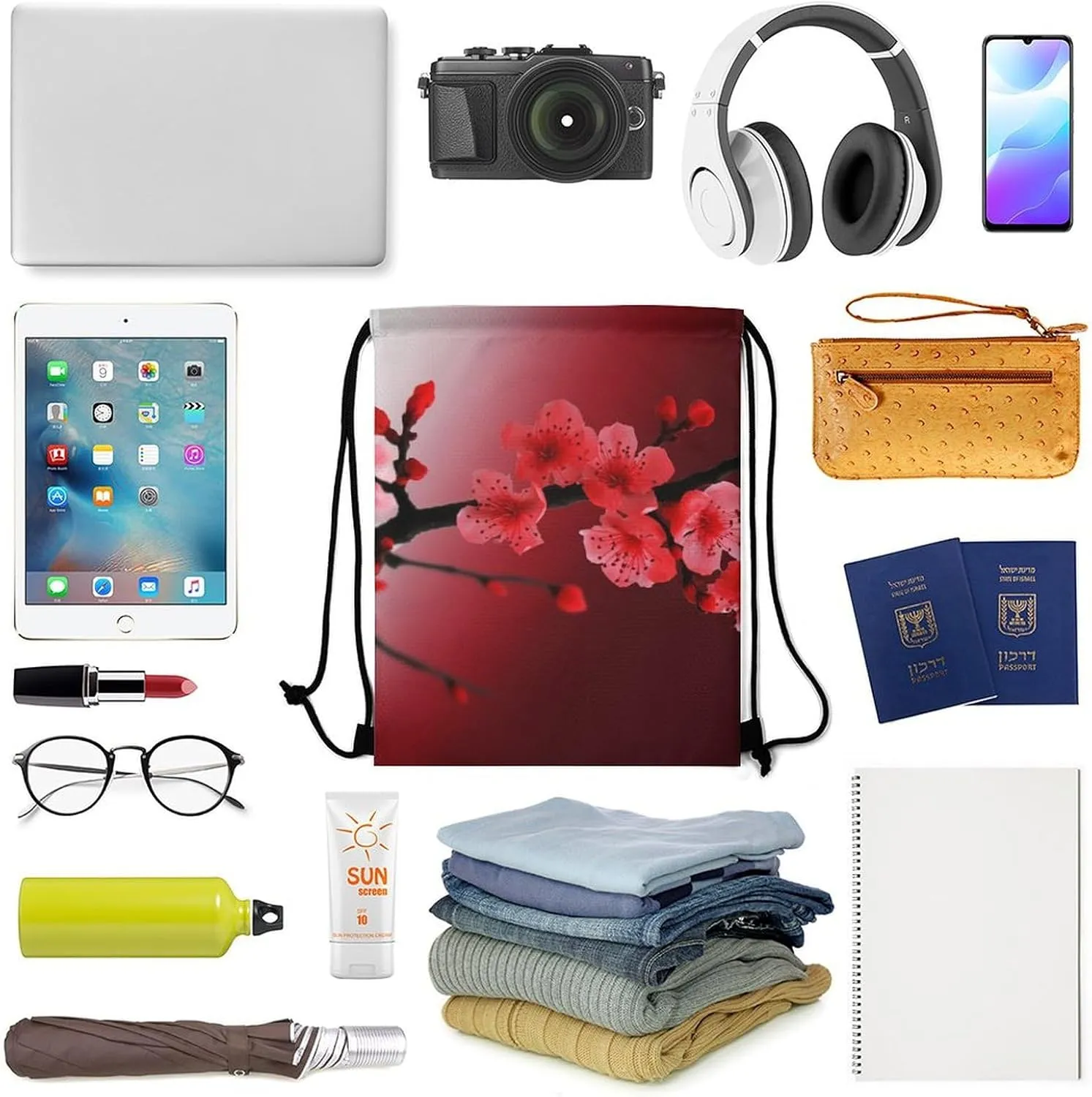Red Cherry Blossom Drawstring Backpack Travel Sports Drawstring Bags Portable Storage Gym Bag for Men Women, 35*42cm, Style-4