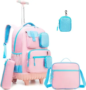 Rolling Backpack for Girls 8-12 Backpack for School Elementary Students with Wheels Lunch Bag Pencil Case Kids Backpacks for Girls Primary School