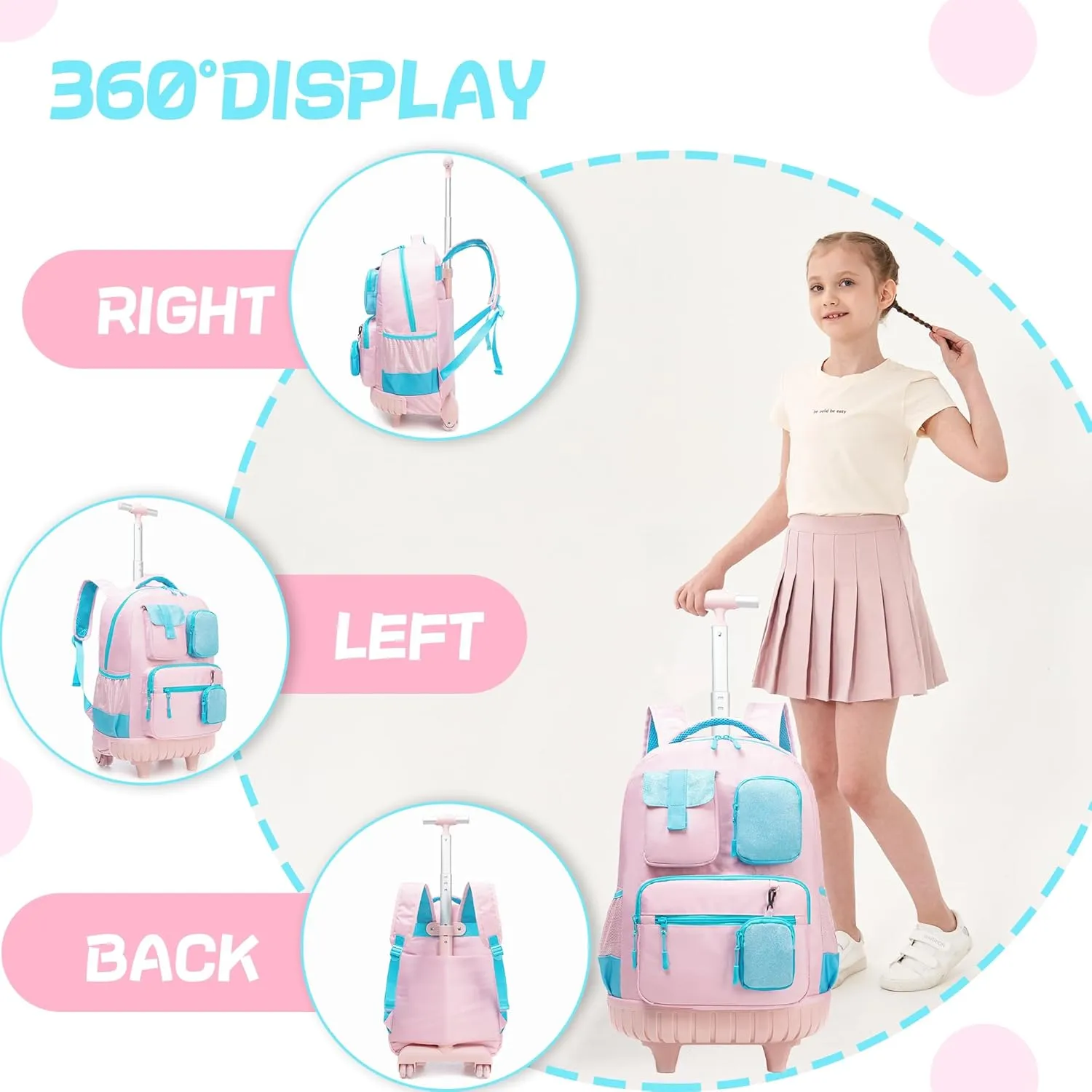 Rolling Backpack for Girls 8-12 Backpack for School Elementary Students with Wheels Lunch Bag Pencil Case Kids Backpacks for Girls Primary School