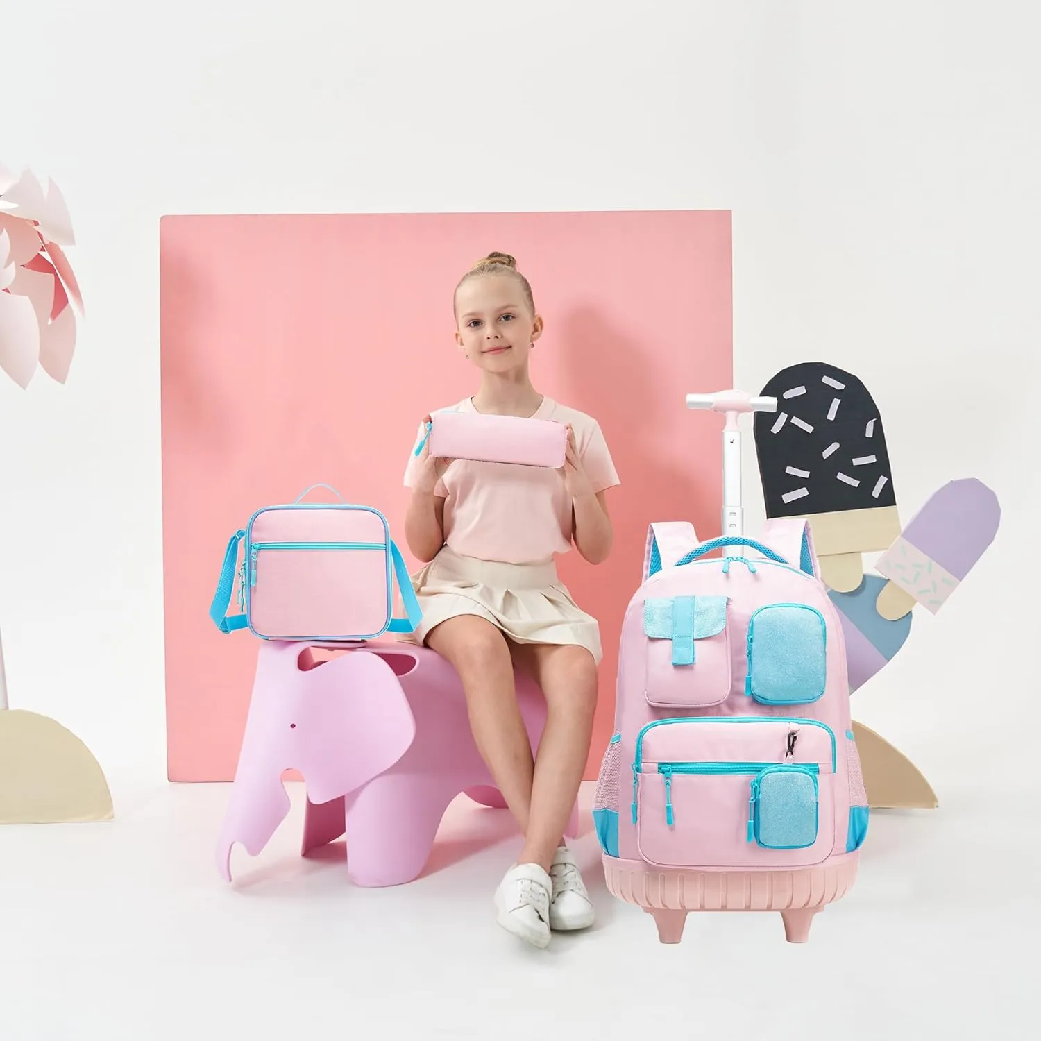 Rolling Backpack for Girls 8-12 Backpack for School Elementary Students with Wheels Lunch Bag Pencil Case Kids Backpacks for Girls Primary School