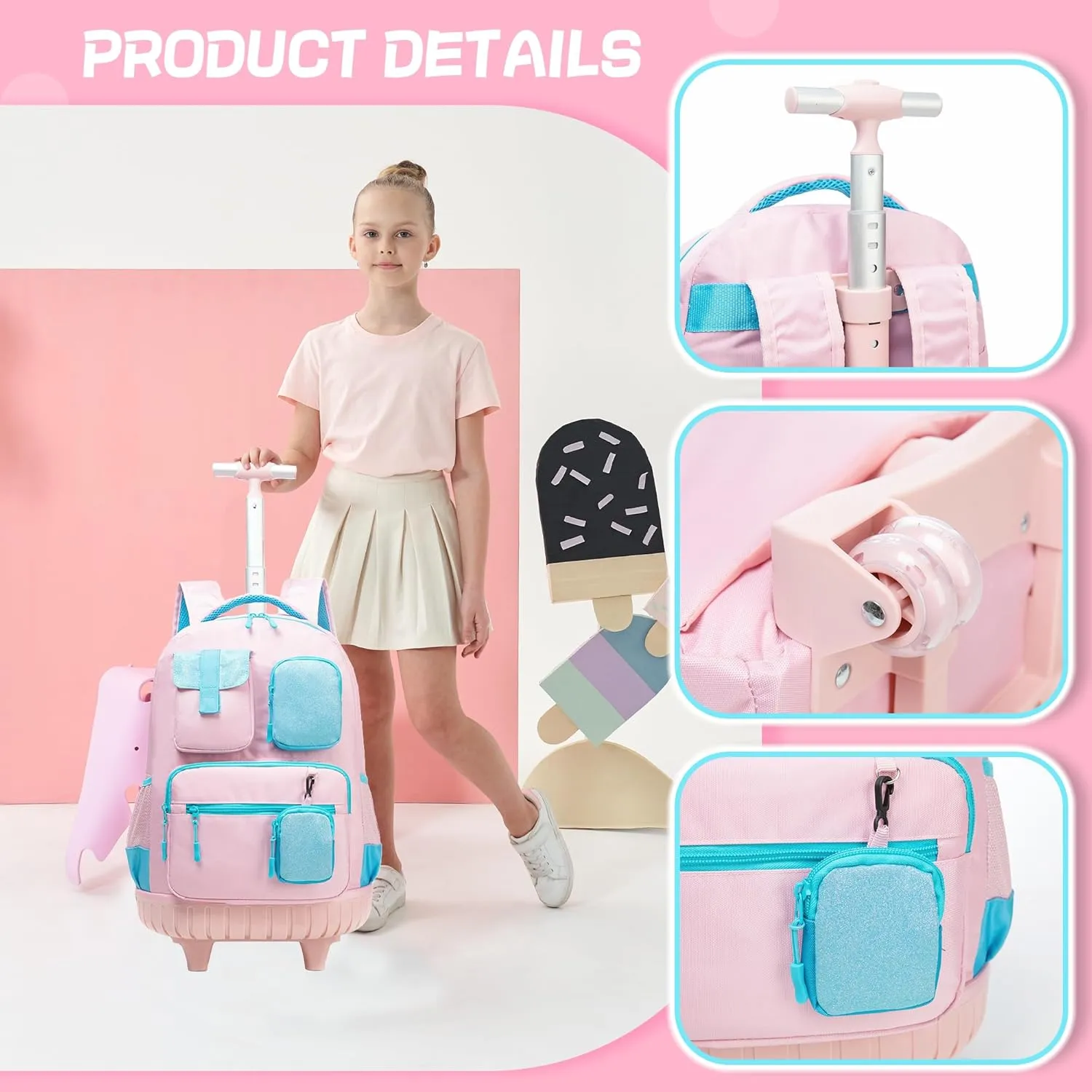 Rolling Backpack for Girls 8-12 Backpack for School Elementary Students with Wheels Lunch Bag Pencil Case Kids Backpacks for Girls Primary School