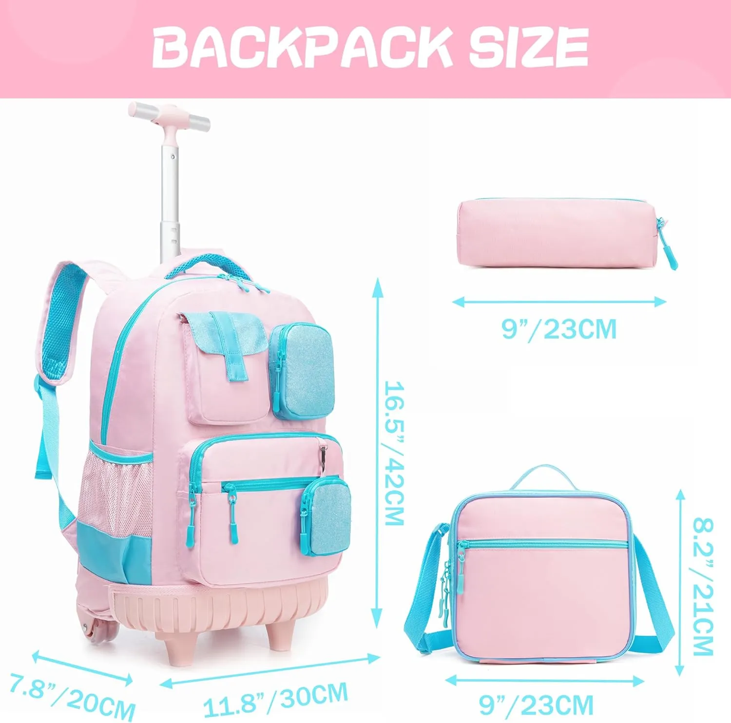 Rolling Backpack for Girls 8-12 Backpack for School Elementary Students with Wheels Lunch Bag Pencil Case Kids Backpacks for Girls Primary School