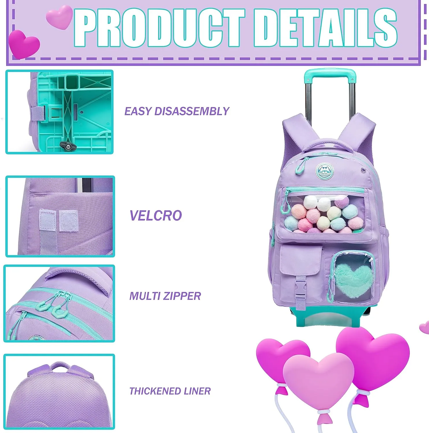 Rolling Backpack for Girls Kids Backpack with Wheels Backpacks for Elementary with Lunch Box Pencil Case Trolley Luggage