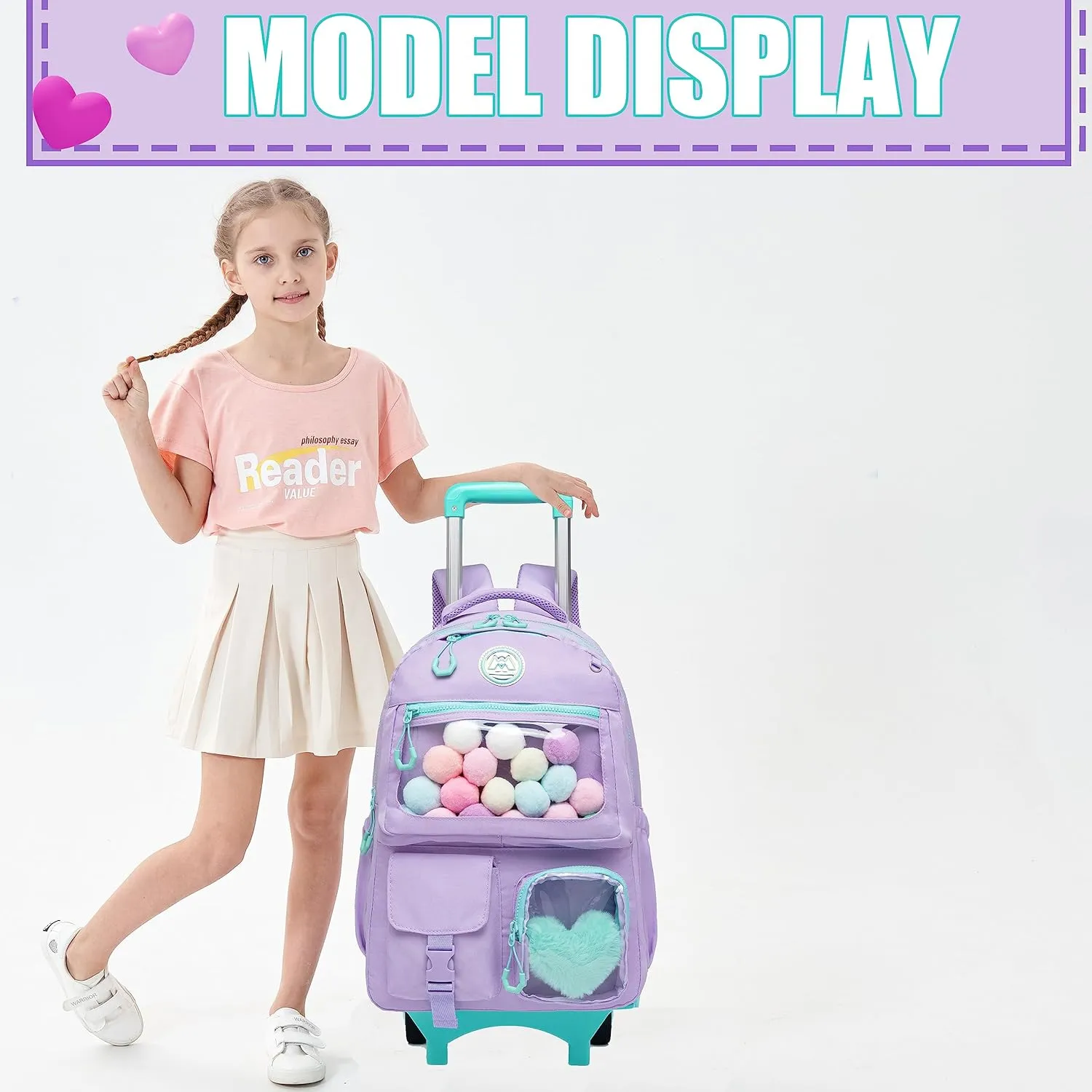 Rolling Backpack for Girls Kids Backpack with Wheels Backpacks for Elementary with Lunch Box Pencil Case Trolley Luggage