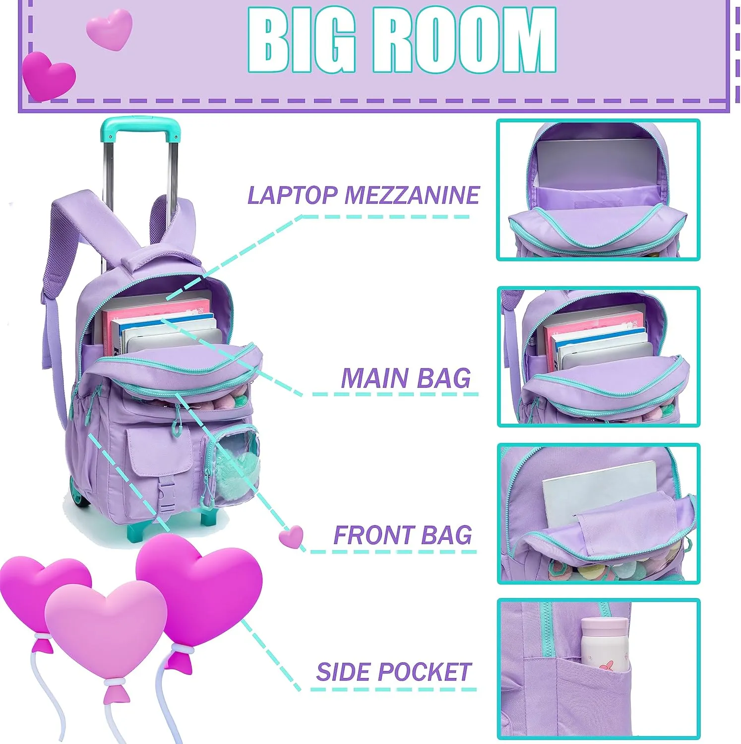 Rolling Backpack for Girls Kids Backpack with Wheels Backpacks for Elementary with Lunch Box Pencil Case Trolley Luggage
