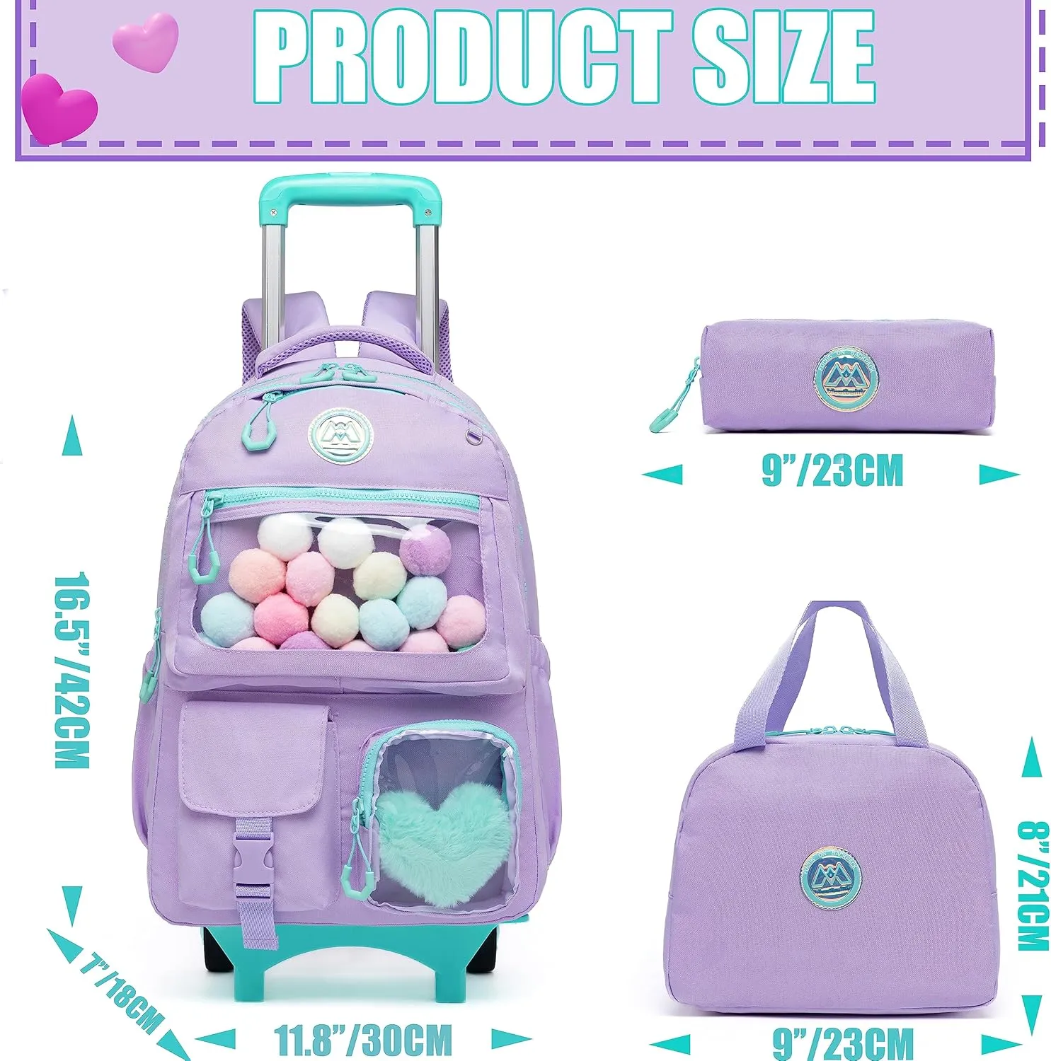 Rolling Backpack for Girls Kids Backpack with Wheels Backpacks for Elementary with Lunch Box Pencil Case Trolley Luggage