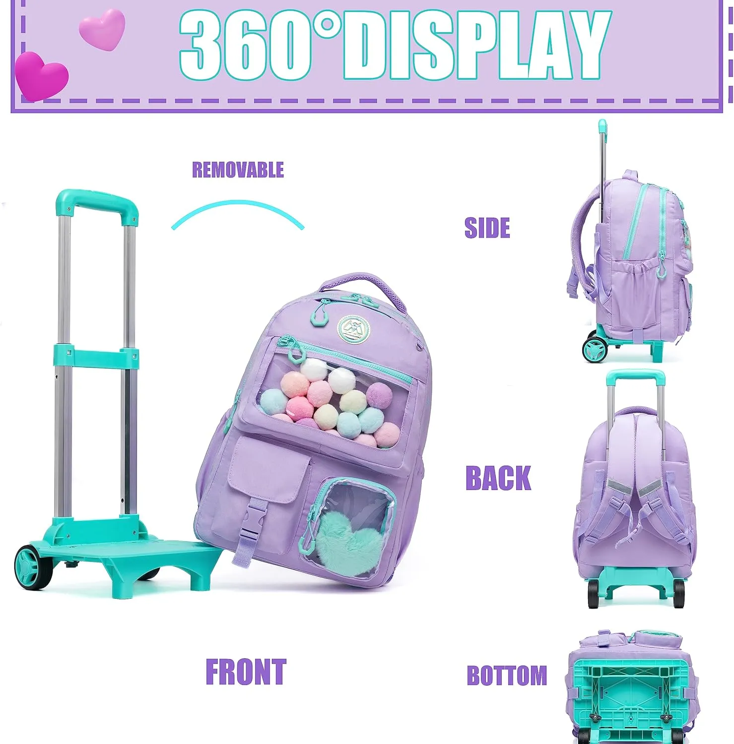 Rolling Backpack for Girls Kids Backpack with Wheels Backpacks for Elementary with Lunch Box Pencil Case Trolley Luggage