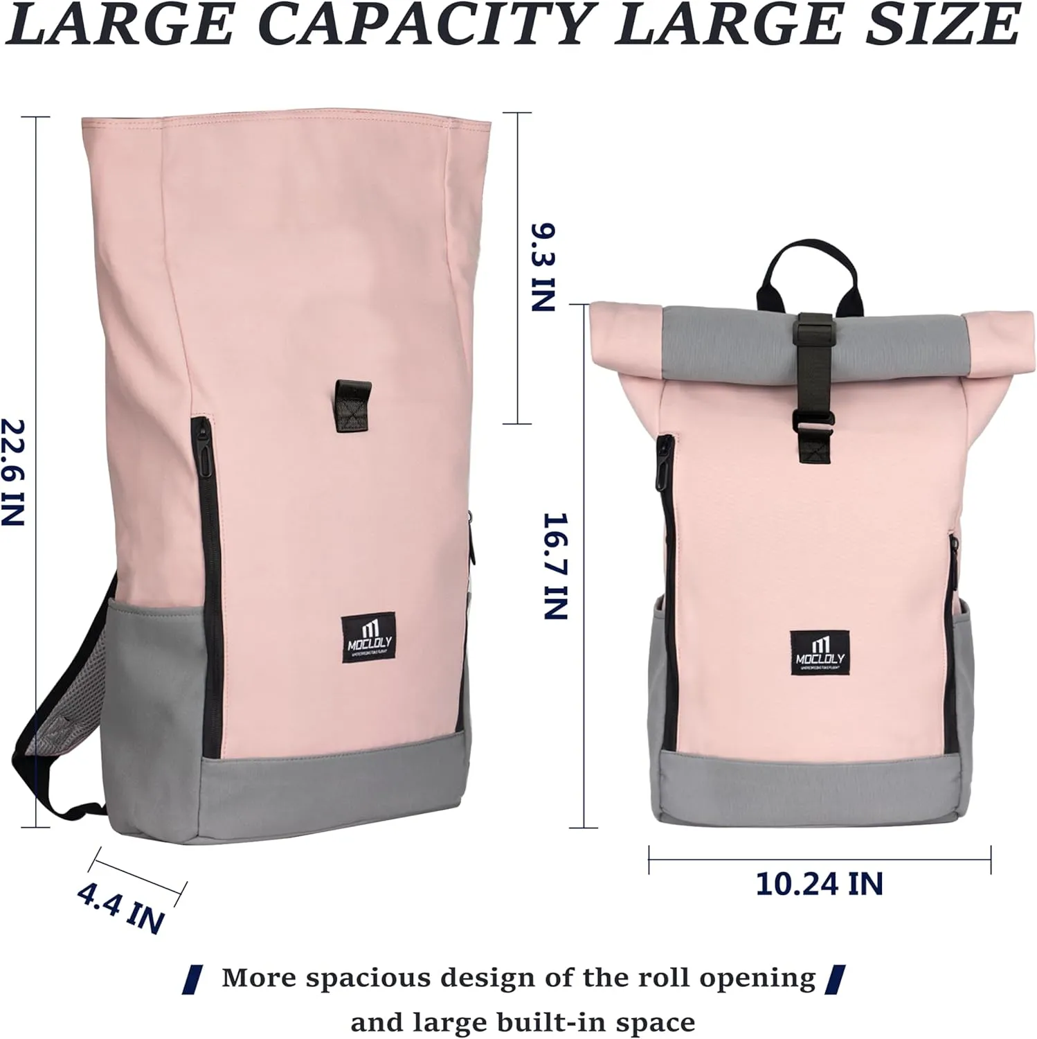 Rolltop Backpack for Women, Waterproof Roll Top Backpack for Travel, Casual or College Fits 15.6 Inch Laptop Backpack with Laptop Compartment, Pink
