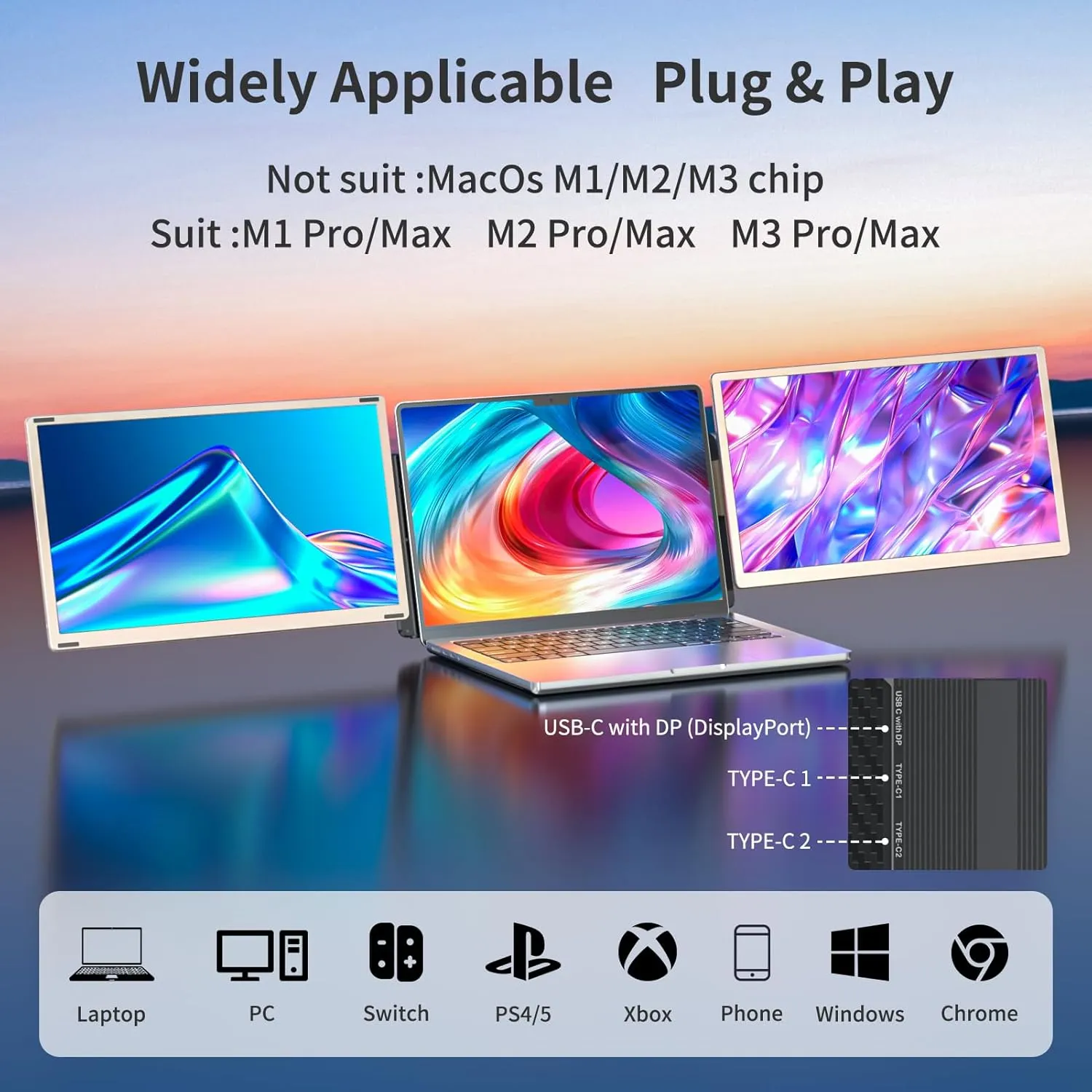 S6 Laptop Screen Extender Monitor Portable, 15.6'' Dual Screen Monitor for Laptop Plug and Play, FHD 1080P IPS Multi Triple Monitor for 13''-17'' Laptops Compatible with Mac/Wins/Android/Dex
