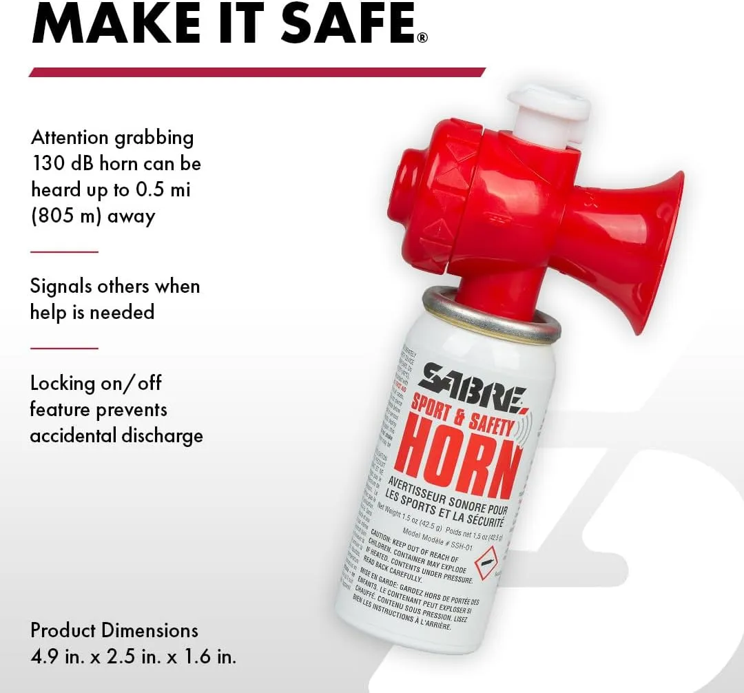 SABRE Sport and Safety Horn, 130 dB Air Horn, 60 ¼ Second or 25 ½ Second Bursts, Audible Up to 1/2-Miles (804-Meters), Perfect for Use at Sporting Events, Boating, Camping, Hiking