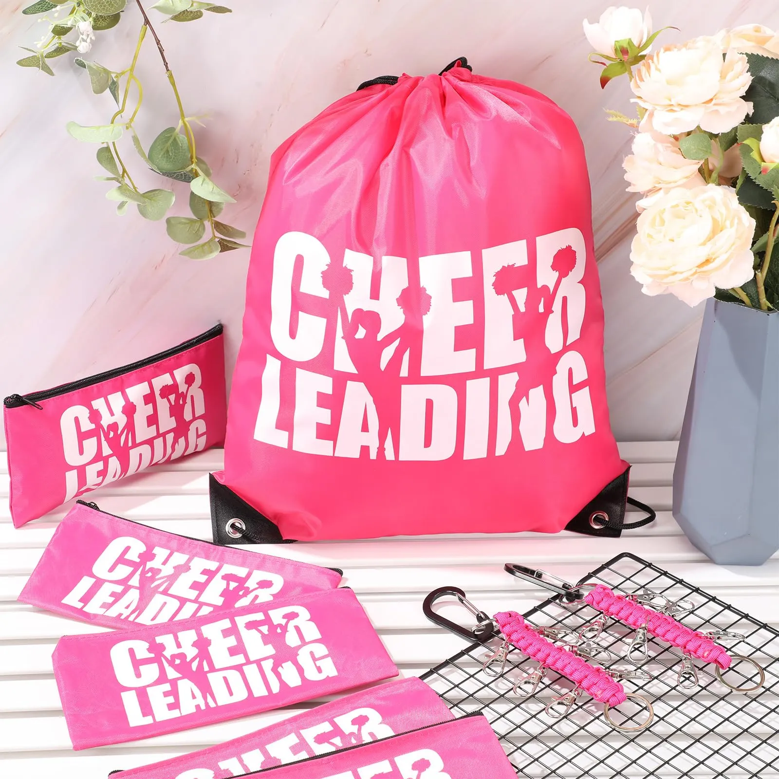 Sadnyy 36 Pcs Cheer Gifts Drawstring Backpack Makeup Bag Bows Holder, Portable Travel Pouch Cheerleading Accessories for Teen Girls School College Sport Women Teammates Toiletry Gift