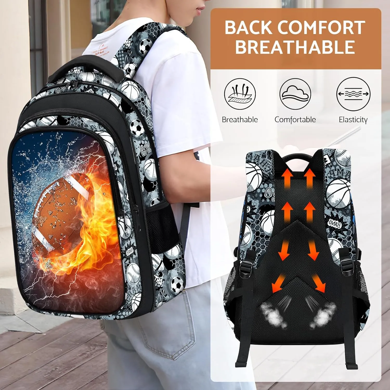 School Backpack for Boys - American Football Boys Backpack for Kids Children Teens Elementary Middle School - 17″ Sport Bookbag Travel Back Pack for Age 6-18