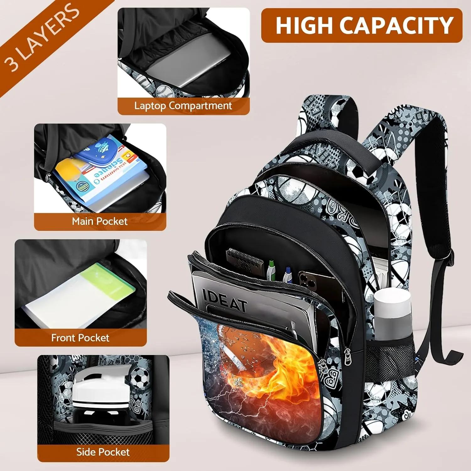 School Backpack for Boys - American Football Boys Backpack for Kids Children Teens Elementary Middle School - 17″ Sport Bookbag Travel Back Pack for Age 6-18