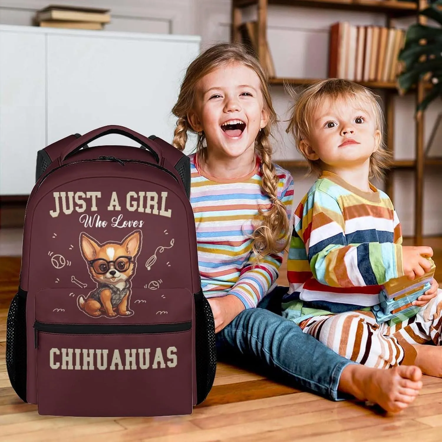 School Backpack for Girls, 17 Inch Brown Chihuahua Backpacks for Kids, Funny Lightweight Bookbag