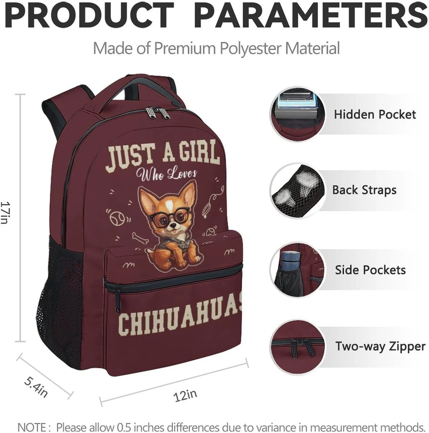 School Backpack for Girls, 17 Inch Brown Chihuahua Backpacks for Kids, Funny Lightweight Bookbag