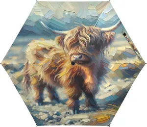 Scotland Highland Cattle Umbrellas for Rain Impressionistic Travel Umbrella Windproof Small Folding Compact Mini Umbrella for Purse Lightweight Portable Pocket for Women