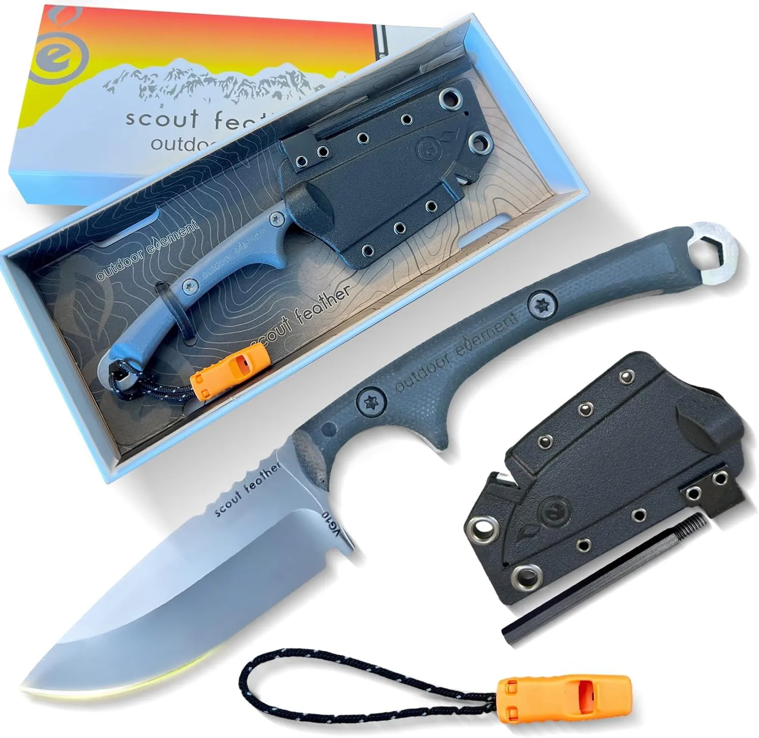 Scout Feather - Adventure Survival Knife - Full Tang, Ceramic Honing V Notch built into included Sheath, Hex Driver in Handle, 115dB Emergency Whistle, Replacable Ferro Rod