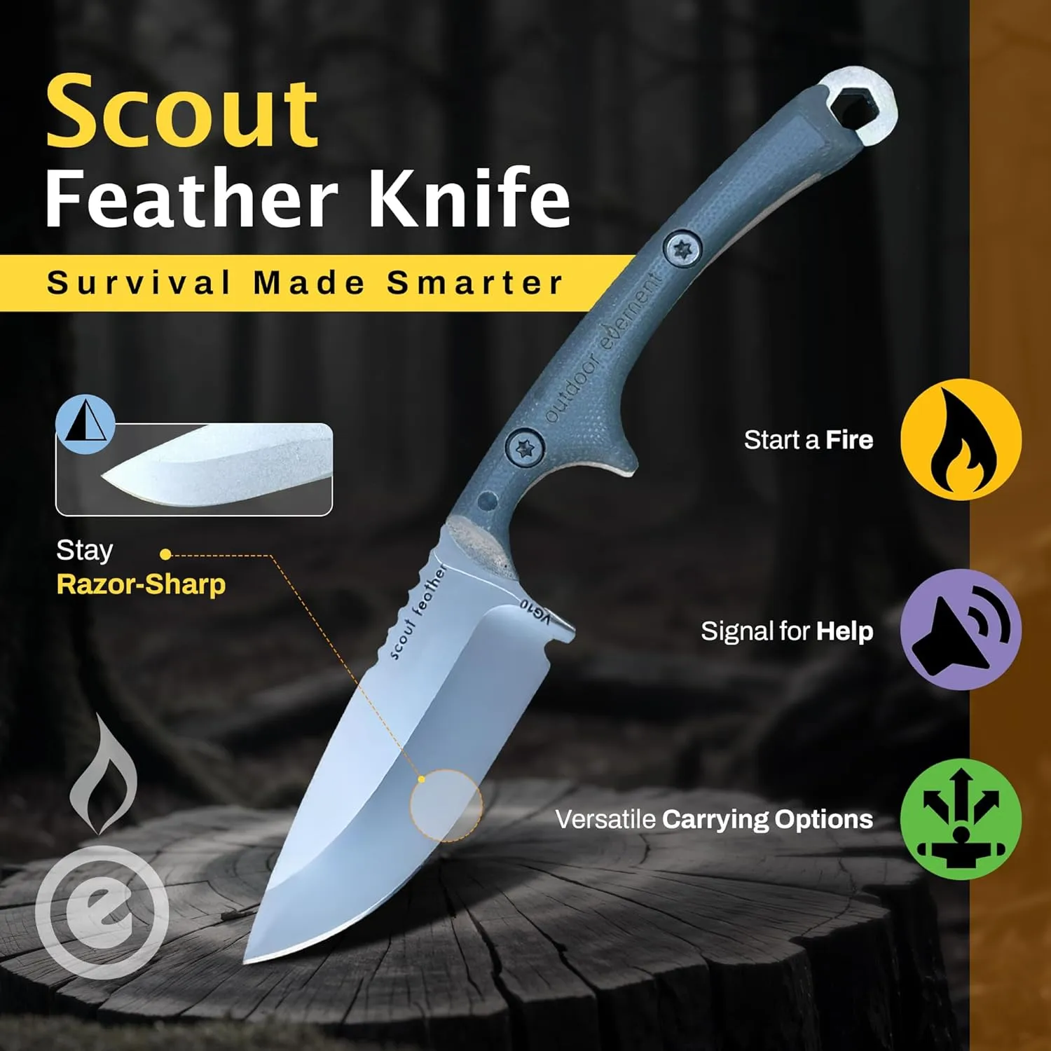 Scout Feather - Adventure Survival Knife - Full Tang, Ceramic Honing V Notch built into included Sheath, Hex Driver in Handle, 115dB Emergency Whistle, Replacable Ferro Rod