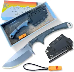 Scout Feather - Adventure Survival Knife - Full Tang, Ceramic Honing V Notch built into included Sheath, Hex Driver in Handle, 115dB Emergency Whistle, Replacable Ferro Rod
