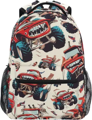 senya Angry Monster Trucks Backpack Water-Resistant Lightweight Bookbags Travel Bag with Mesh Side Pockets
