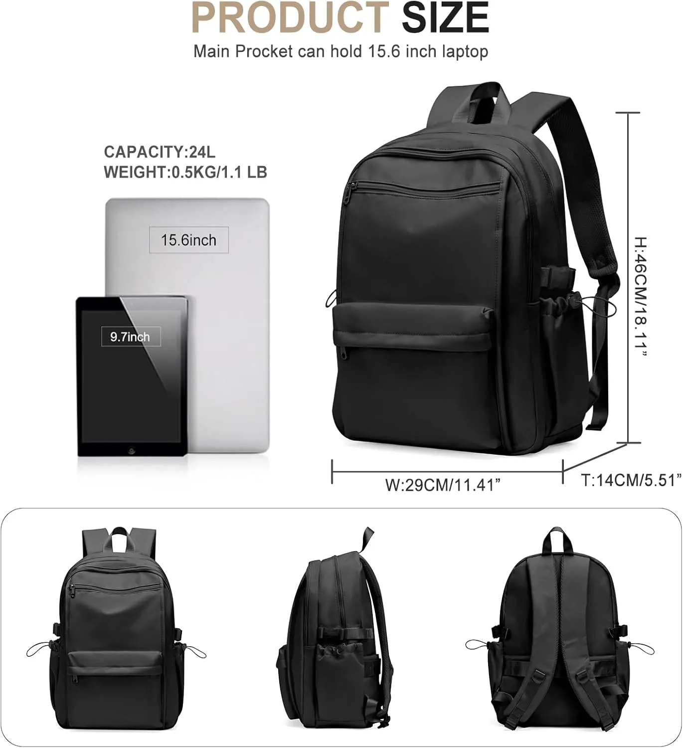 Simple Black School Backpack For Women,Lightweight College Backpack,High School Bag For Teens Boys Girls,Casual daypack Small Travel Backpacks Men Bookbag