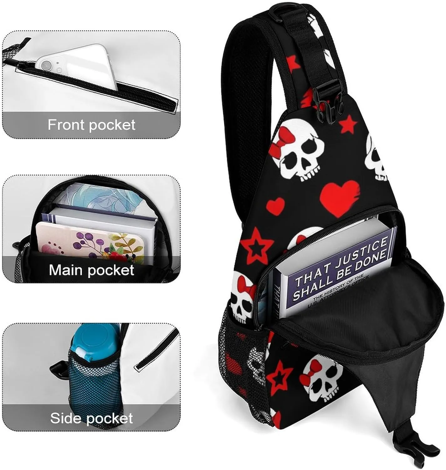 Skull Heart Sling Backpack Man Womens Crossbody Backpack Chest Bag Gym Daypack Shoulder Bag Casual Daypacks Sports Backpacks