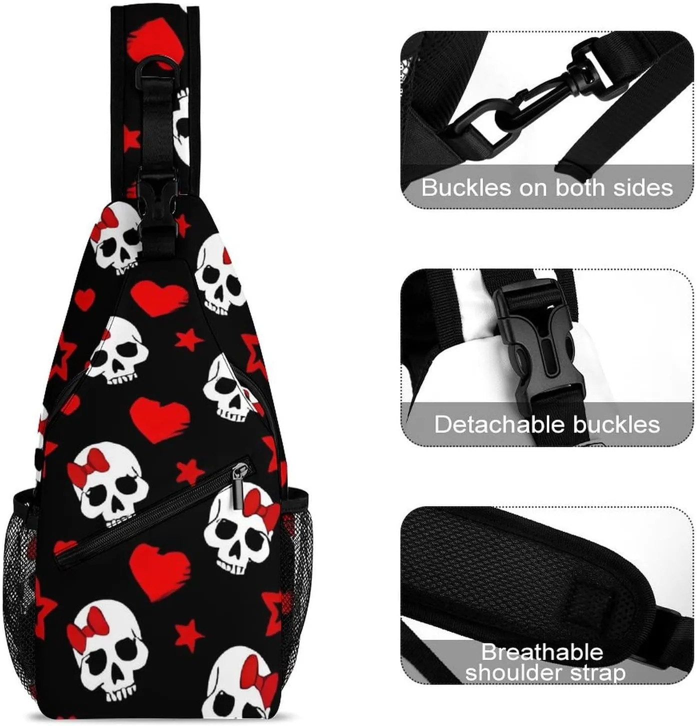Skull Heart Sling Backpack Man Womens Crossbody Backpack Chest Bag Gym Daypack Shoulder Bag Casual Daypacks Sports Backpacks